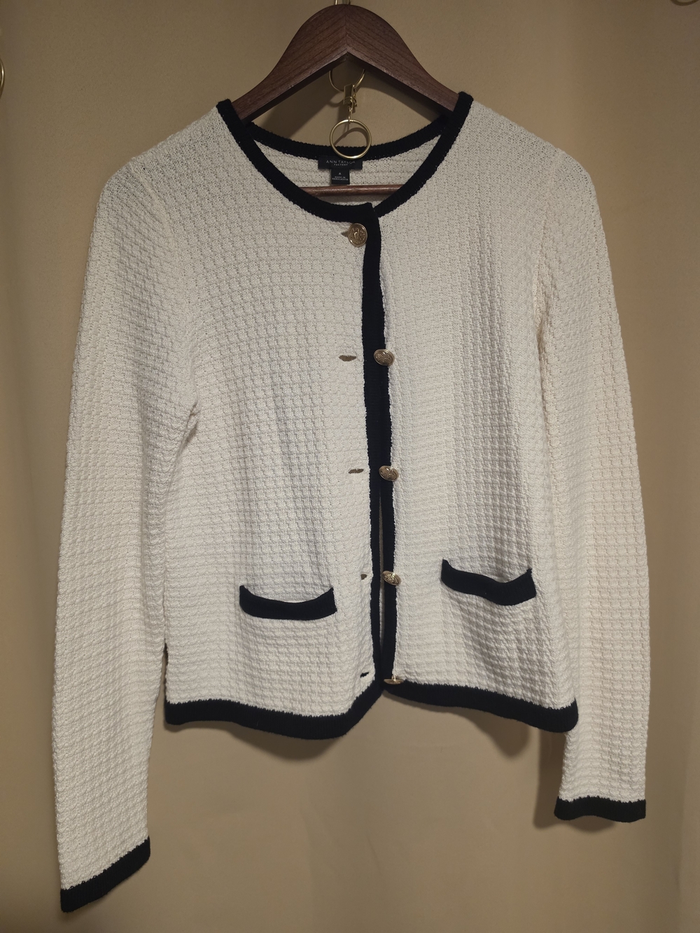 Ann Taylor Cream Knit Blazer with Black Trim and Gold Buttons